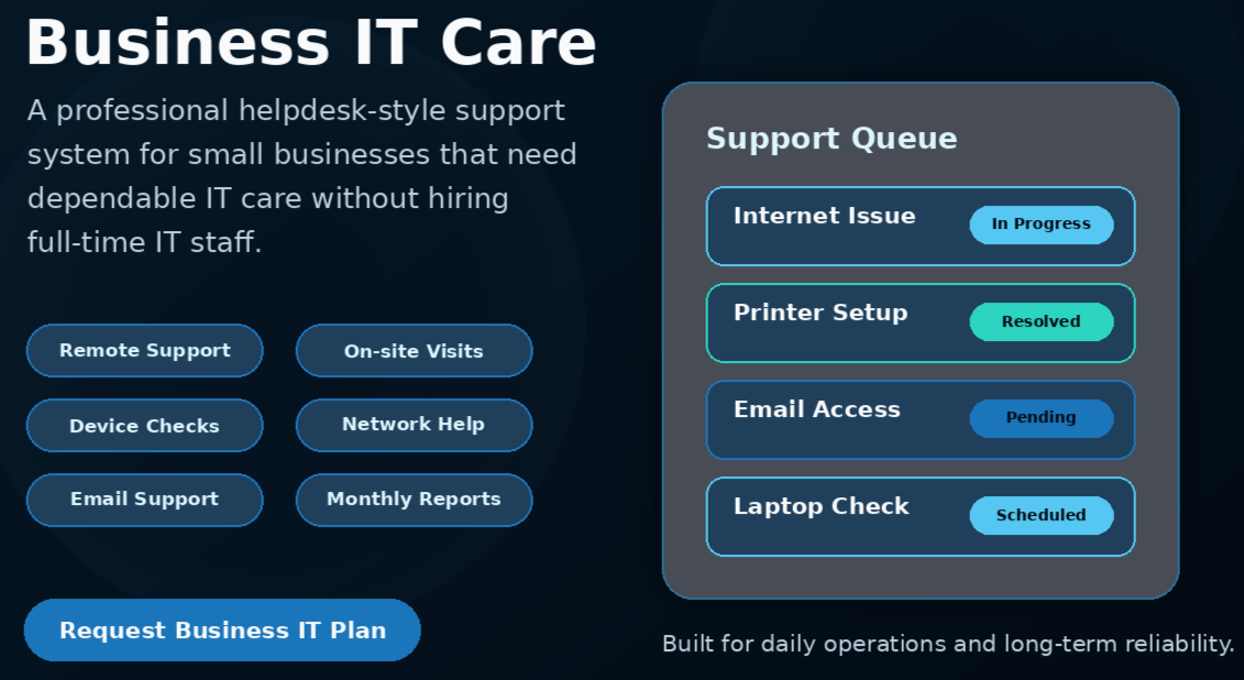 E Light Business IT Care Monthly and on-demand IT support for small businesses, offices, schools, churches, startups, and growing teams.